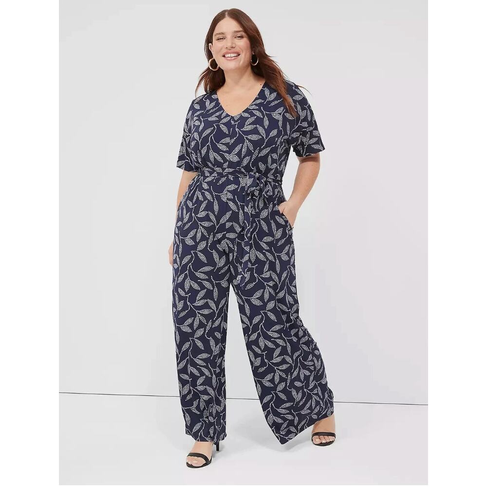 NWT Lane Bryant Perfect Kimono Sleeve V-Neck Jersey Jumpsuit Size 14/16 Leaves